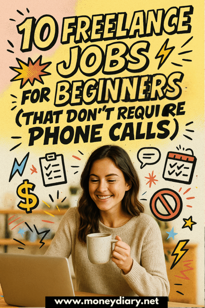 Smiling woman in a cozy home office holding a coffee mug and working on her laptop. Bold comic-style text reads “10 Freelance Jobs for Beginners in 2025 (That Don’t Require Phone Calls)” surrounded by playful doodles like dollar signs, calendars, and message bubbles on a bright halftone background.
