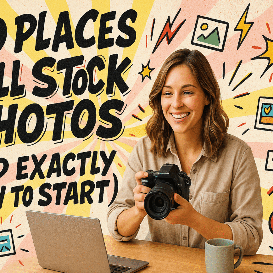 Smiling woman holding a camera at her desk with laptop, colorful comic-style background, and bold text overlay: ‘10 Places to Sell Stock Photos (And Exactly How to Start)’ — Money Diary graphic.