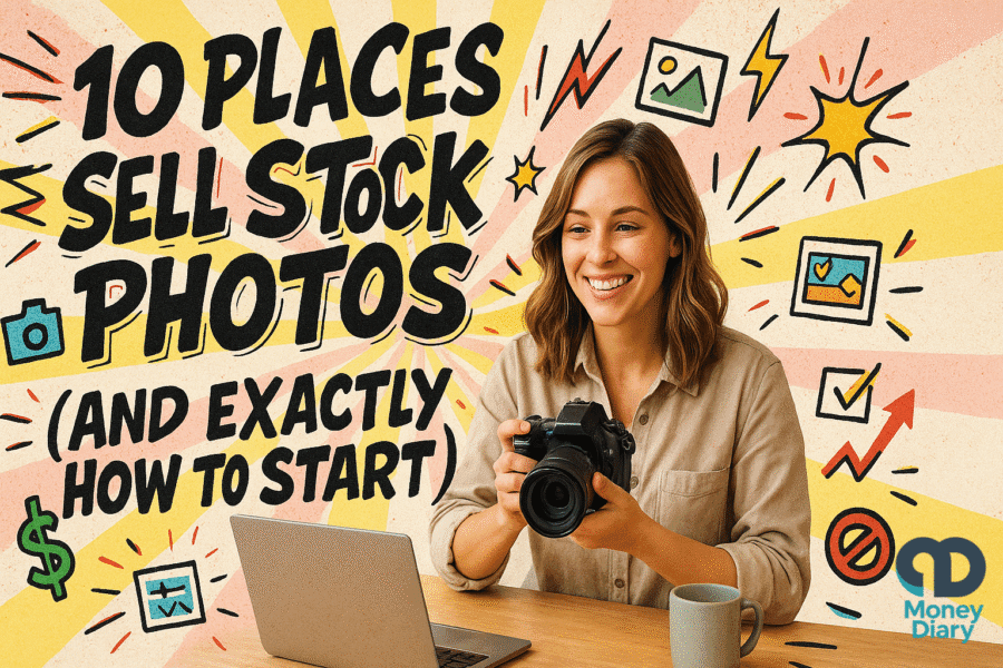 Smiling woman holding a camera at her desk with laptop, colorful comic-style background, and bold text overlay: ‘10 Places to Sell Stock Photos (And Exactly How to Start)’ — Money Diary graphic.