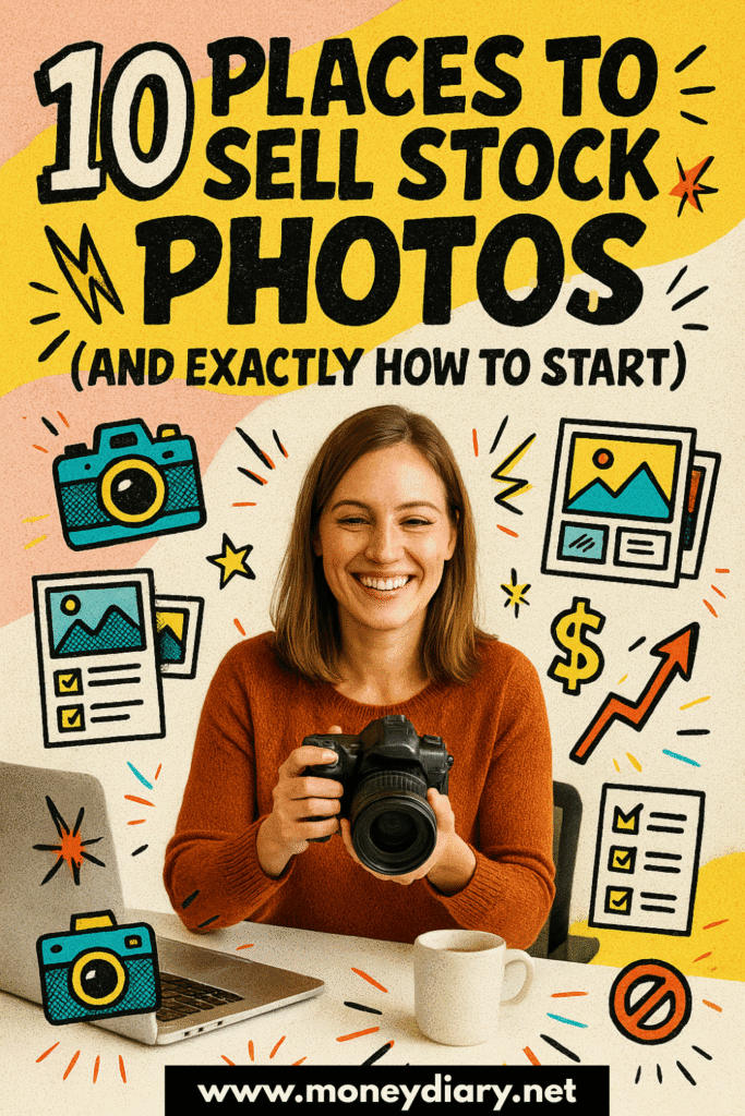 Pinterest graphic showing a woman with a camera and laptop, surrounded by bright icons, with headline text: 10 Places to Sell Stock Photos (And Exactly How to Start). Perfect pin for bloggers, freelancers, and photographers looking to make money online.