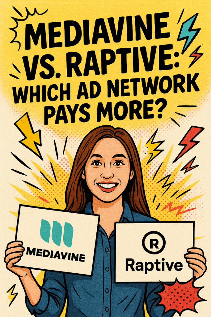 Vibrant Pinterest pin graphic reading “Mediavine vs. Raptive: Which Ad Network Pays More?” in bold comic lettering. A smiling woman holds two signs — one with the Mediavine logo and one with the Raptive logo — surrounded by colorful doodles and halftone bursts.