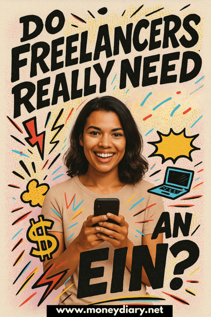 Smiling woman holding a smartphone surrounded by colorful comic-style doodles with bold text that reads ‘Do Freelancers Really Need an EIN?