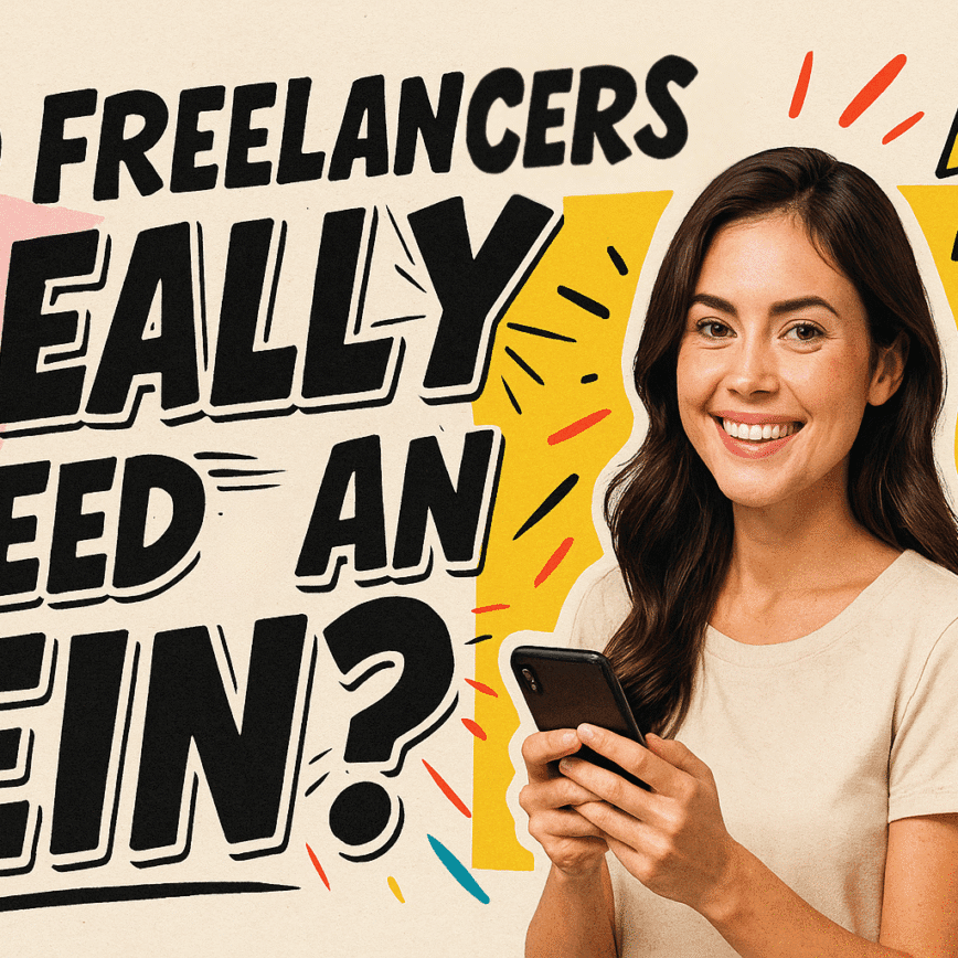 Woman holding phone with text Do Freelancers Need an EIN in the background