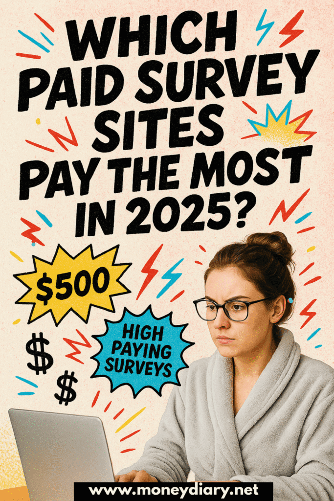 Woman in a robe with glasses working on a laptop, surrounded by comic-style doodles of dollar signs, $500, and ‘High Paying Surveys,’ with bold text that reads ‘Which Paid Survey Sites Pay the Most in 2025?’ Pinterest Pin