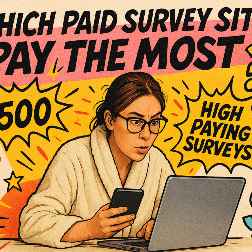 Woman in a robe with glasses working on a laptop, surrounded by comic-style doodles of dollar signs, $500, and ‘High Paying Surveys,’ with bold text that reads ‘Which Paid Survey Sites Pay the Most in 2025?’