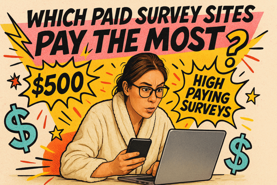 Woman in a robe with glasses working on a laptop, surrounded by comic-style doodles of dollar signs, $500, and ‘High Paying Surveys,’ with bold text that reads ‘Which Paid Survey Sites Pay the Most in 2025?’