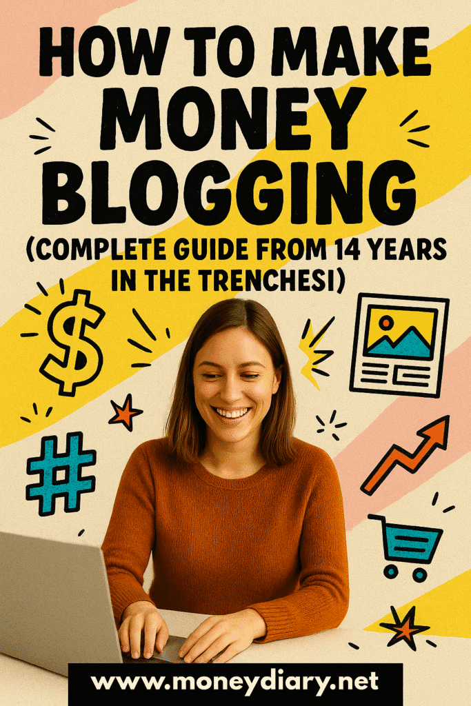 Pinterest-style graphic titled ‘How to Make Money Blogging (Complete Guide From 14 Years in the Trenches)’ featuring a smiling woman in an orange sweater working on a laptop, surrounded by playful comic-style doodles of a dollar sign, upward arrow, camera, and blog icons on a pink and yellow textured background.