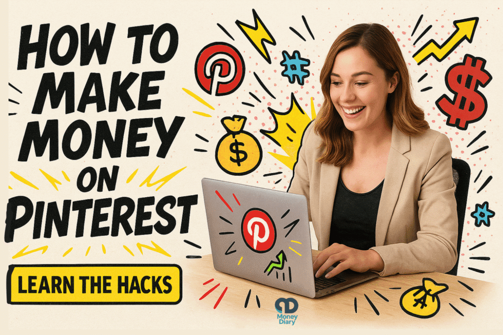 Promotional graphic with the headline ‘How to Make Money on Pinterest’ in bold comic-style lettering. A smiling young woman in a beige blazer works on a laptop with the Pinterest logo, surrounded by colorful comic-style doodles including dollar signs, arrows, lightning bolts, and money bags. At the bottom, a bright yellow button reads ‘Learn the Hacks.’