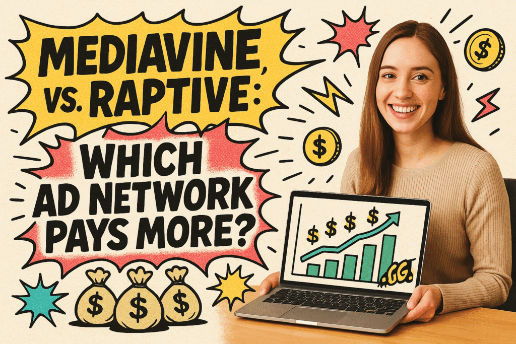 Comic-style blog header image with the title “Mediavine vs. Raptive: Which Ad Network Pays More?” A smiling woman holds a laptop showing an upward revenue graph, surrounded by doodles of dollar signs, money bags, and arrows.