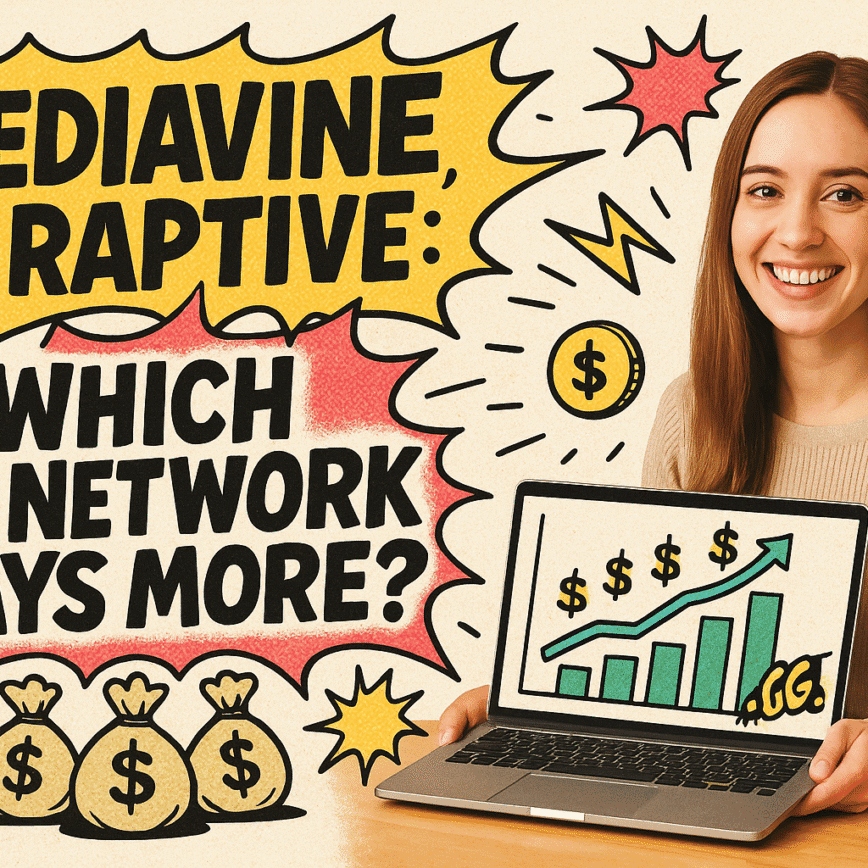 Comic-style blog header image with the title “Mediavine vs. Raptive: Which Ad Network Pays More?” A smiling woman holds a laptop showing an upward revenue graph, surrounded by doodles of dollar signs, money bags, and arrows.