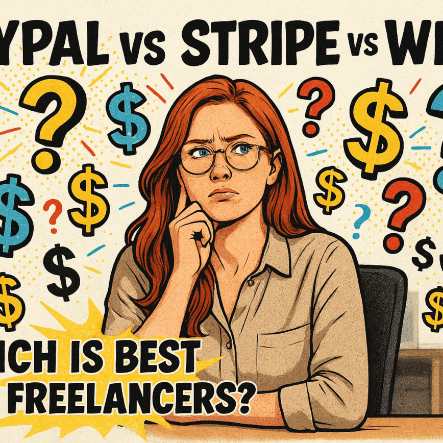 An illustrated graphic shows a thoughtful red-haired woman wearing glasses and sitting at a desk, surrounded by colorful question marks and dollar signs. The bold headline reads “PAYPAL vs STRIPE vs WISE” and below it the text says “Which is best for freelancers?”