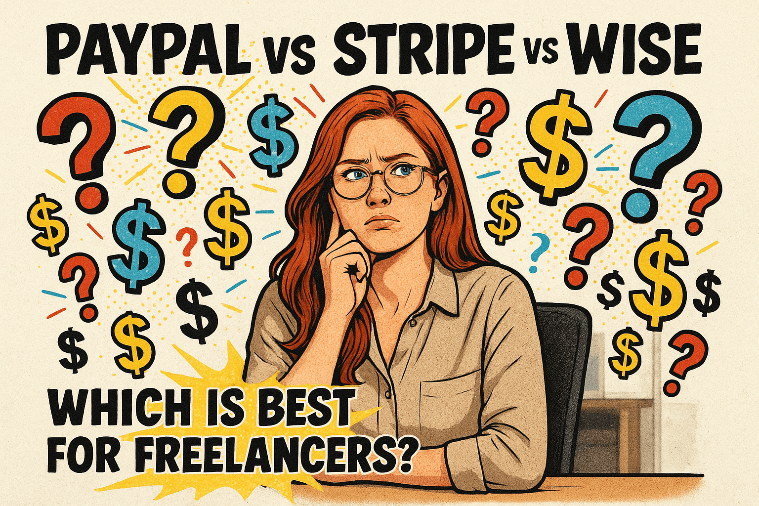 An illustrated graphic shows a thoughtful red-haired woman wearing glasses and sitting at a desk, surrounded by colorful question marks and dollar signs. The bold headline reads “PAYPAL vs STRIPE vs WISE” and below it the text says “Which is best for freelancers?”