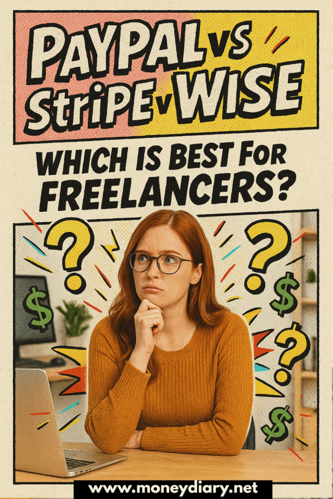 An illustrated graphic shows a thoughtful red-haired woman wearing glasses and sitting at a desk, surrounded by colorful question marks and dollar signs. The bold headline reads “PAYPAL vs STRIPE vs WISE” and below it the text says “Which is best for freelancers?”