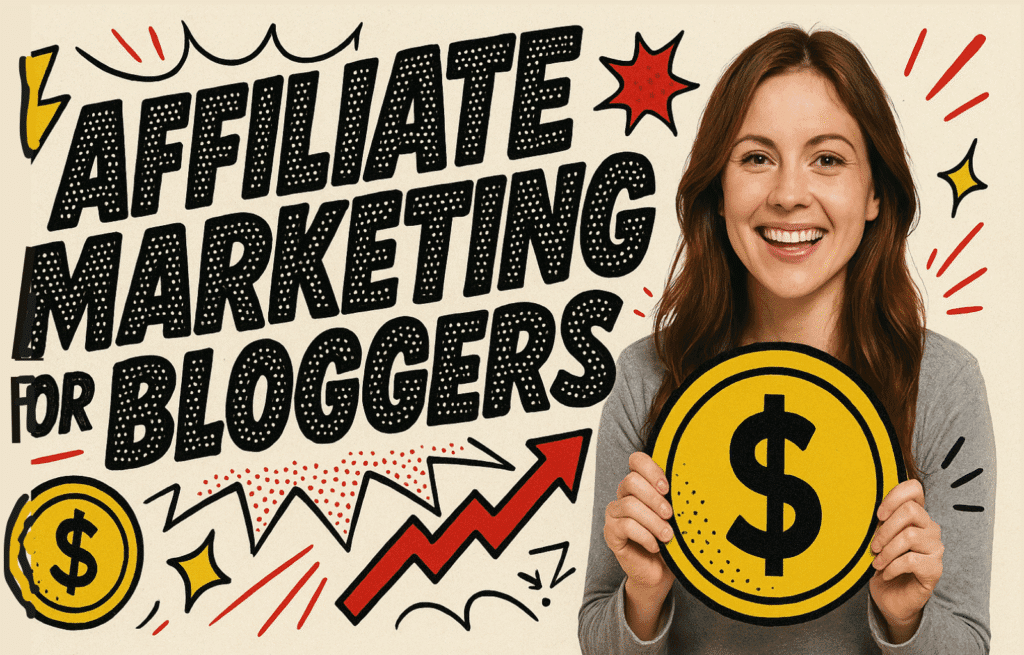 A vibrant comic-style  graphic with the bold title “Affiliate Marketing for Bloggers” in chunky hand-drawn lettering. A smiling young woman holds a money bag, surrounded by colorful doodles like lightning bolts and starbursts on a retro halftone background.