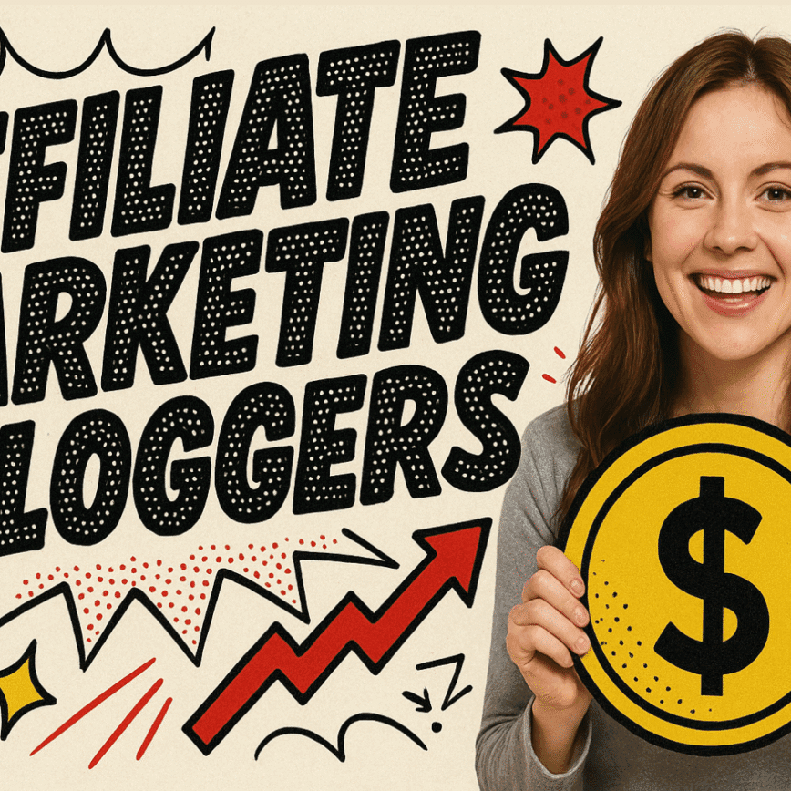 A vibrant comic-style graphic with the bold title “Affiliate Marketing for Bloggers” in chunky hand-drawn lettering. A smiling young woman holds a money bag, surrounded by colorful doodles like lightning bolts and starbursts on a retro halftone background.