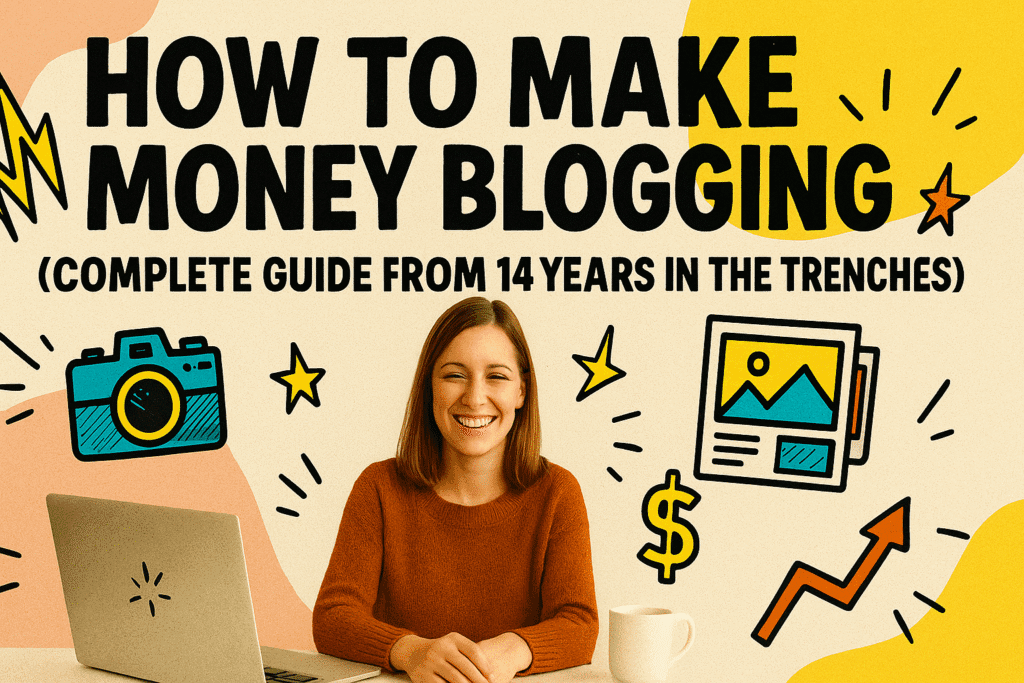 graphic titled ‘How to Make Money Blogging (Complete Guide From 14 Years in the Trenches)’ featuring a smiling woman in an orange sweater working on a laptop, surrounded by playful comic-style doodles of a dollar sign, upward arrow, camera, and blog icons on a pink and yellow textured background