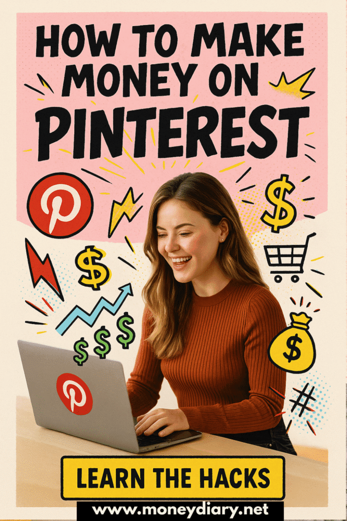 Promotional graphic with the headline ‘How to Make Money on Pinterest’ in bold comic-style lettering. A smiling young woman in a beige blazer works on a laptop with the Pinterest logo, surrounded by colorful comic-style doodles including dollar signs, arrows, lightning bolts, and money bags. At the bottom, a bright yellow button reads ‘Learn the Hacks.’”