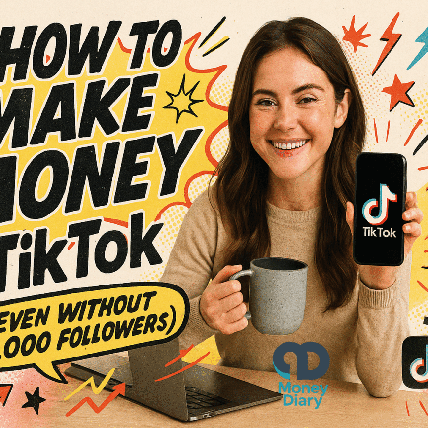 Smiling woman holding a smartphone with the TikTok logo on screen while sitting at a desk with a laptop and coffee mug. Bright text overlay reads: “How to Make Money on TikTok (Even Without 10,000 Followers).” Surrounded by colorful icons of dollar signs, stars, arrows, and social media logos.