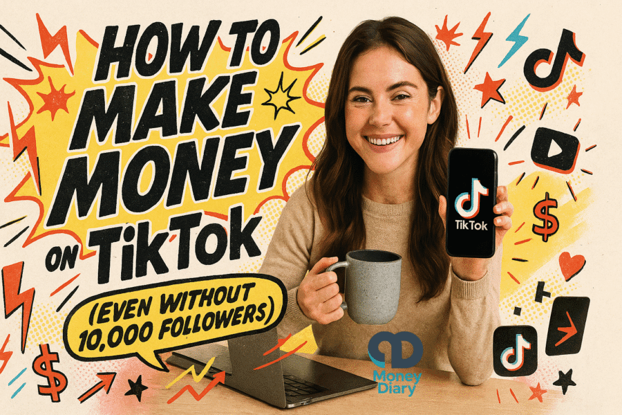 Smiling woman holding a smartphone with the TikTok logo on screen while sitting at a desk with a laptop and coffee mug. Bright text overlay reads: “How to Make Money on TikTok (Even Without 10,000 Followers).” Surrounded by colorful icons of dollar signs, stars, arrows, and social media logos.
