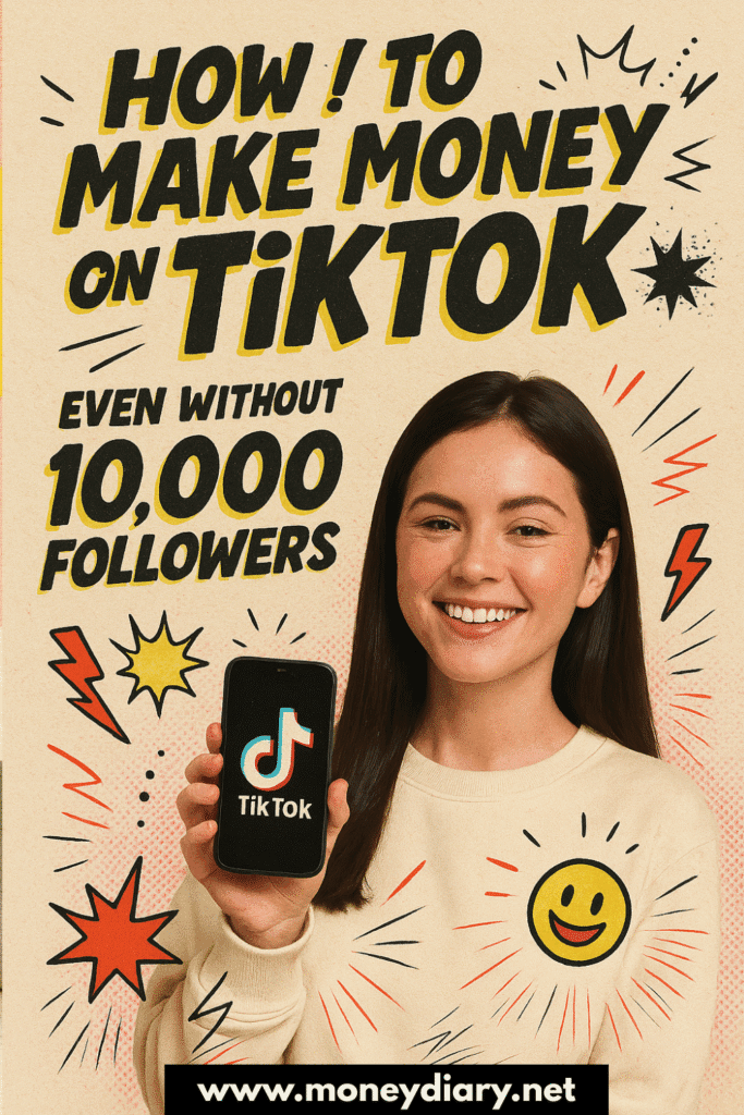 Smiling woman holding a smartphone with the TikTok logo on screen while sitting at a desk with a laptop and coffee mug. Bright text overlay reads: “How to Make Money on TikTok (Even Without 10,000 Followers).” Surrounded by colorful icons of dollar signs, stars, arrows, and social media logos.