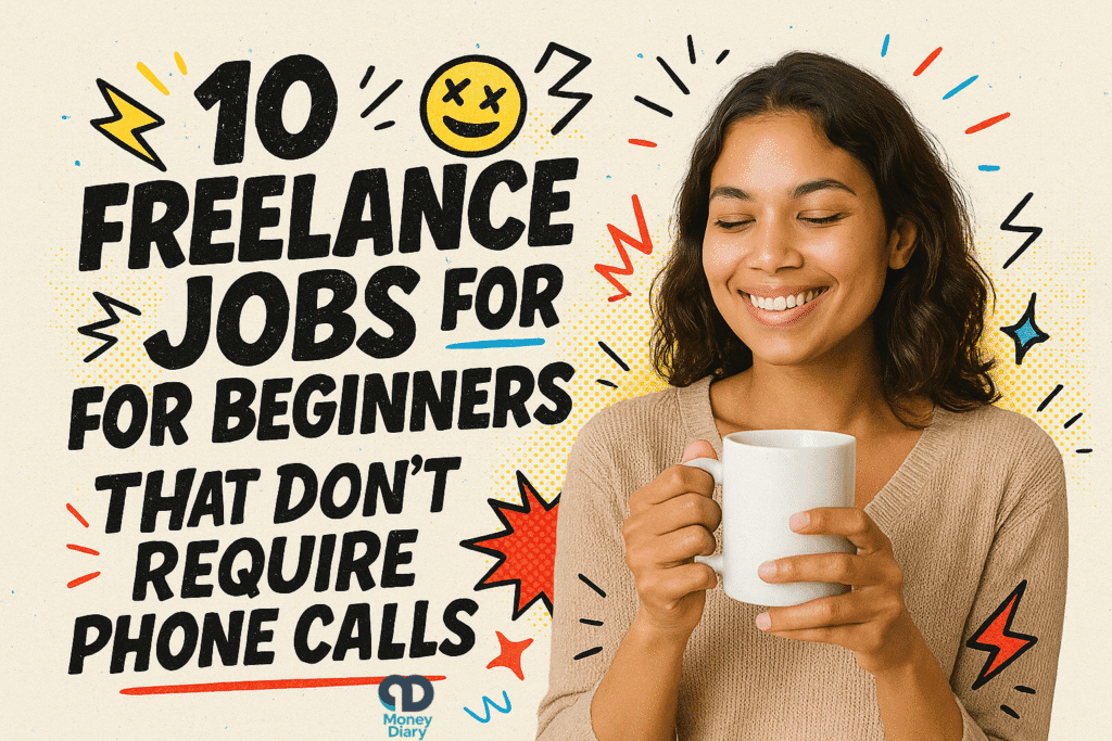 Landscape banner with a realistic woman sipping coffee while typing on her laptop. Comic-inspired text reads “10 Freelance Jobs for Beginners in 2025 (That Don’t Require Phone Calls)” with doodles of no-phone icons, stars, arrows, and dollar signs on a retro textured backdrop.