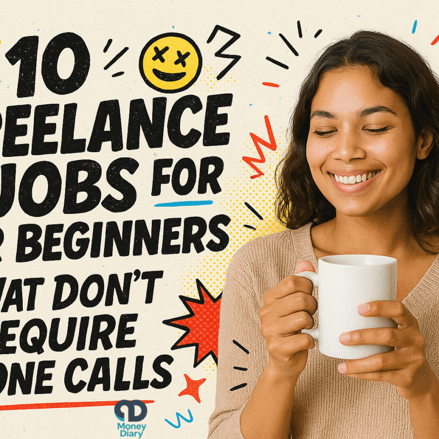 Landscape banner with a realistic woman sipping coffee while typing on her laptop. Comic-inspired text reads “10 Freelance Jobs for Beginners in 2025 (That Don’t Require Phone Calls)” with doodles of no-phone icons, stars, arrows, and dollar signs on a retro textured backdrop.