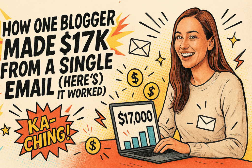 Comic-style blog header featuring the title “How One Blogger Made $17K from a Single Email (Here’s Why It Worked)” with a smiling woman using a laptop showing $17,000, surrounded by comic doodles like dollar signs, lightning bolts, and “KA-CHING!” bursts.