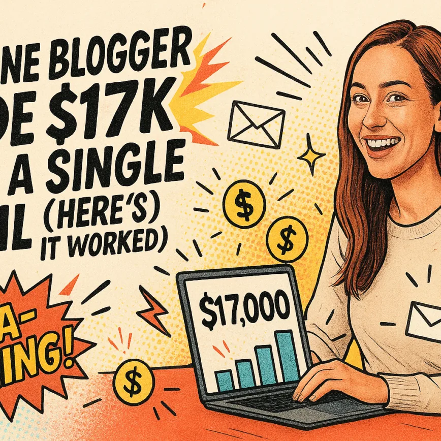 Comic-style blog header featuring the title “How One Blogger Made $17K from a Single Email (Here’s Why It Worked)” with a smiling woman using a laptop showing $17,000, surrounded by comic doodles like dollar signs, lightning bolts, and “KA-CHING!” bursts.