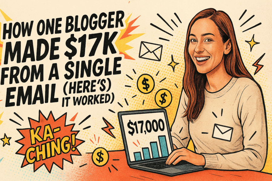 Comic-style blog header featuring the title “How One Blogger Made $17K from a Single Email (Here’s Why It Worked)” with a smiling woman using a laptop showing $17,000, surrounded by comic doodles like dollar signs, lightning bolts, and “KA-CHING!” bursts.