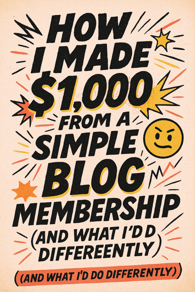 Pinterest pin design with bold comic lettering that reads “How I Made $1,000 From a Simple Blog Membership (and What I’d Do Differently)” surrounded by halftone bursts, stars, and lightning bolts on a soft pink textured background.