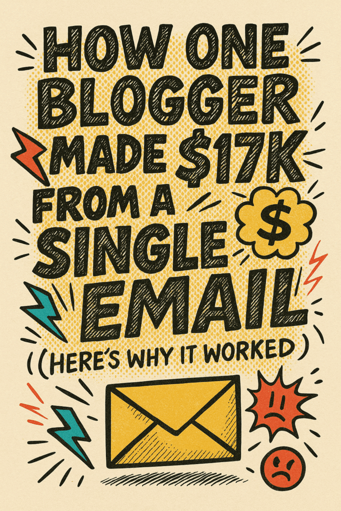 Pinterest pin with bold comic lettering reading “How One Blogger Made $17K from a Single Email (Here’s Why It Worked)” surrounded by halftone dots, lightning bolts, and dollar sign doodles on a textured vintage background.