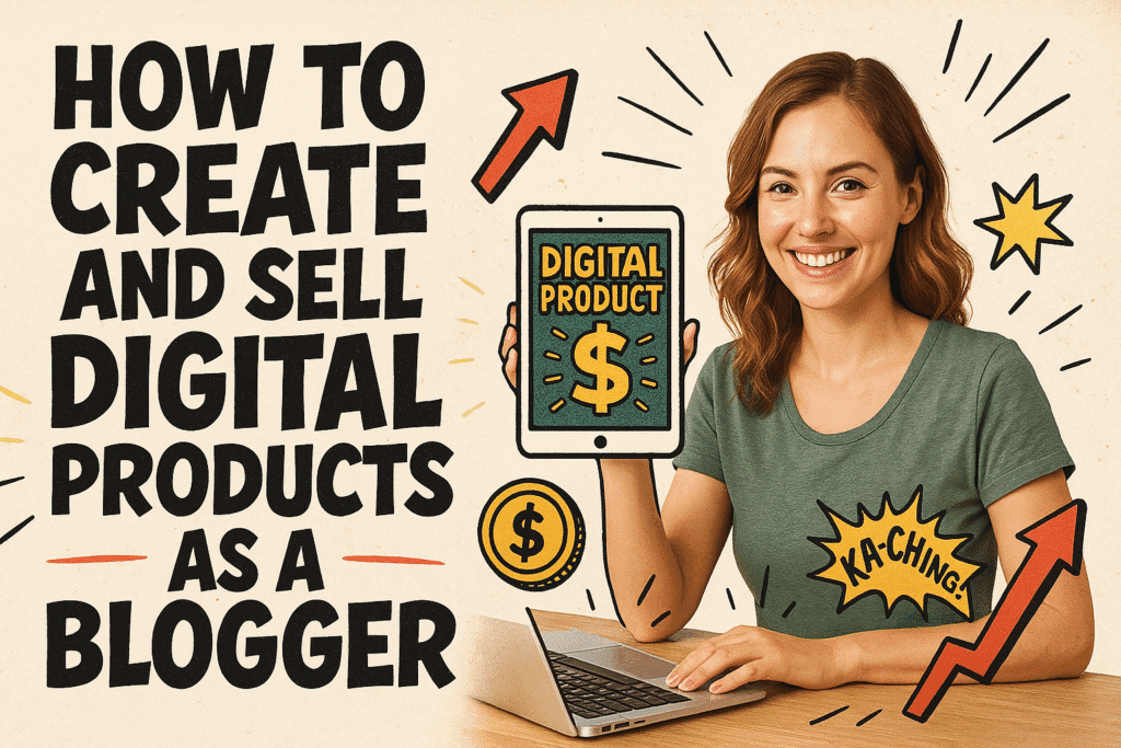 Blog header illustration reading “How to Create and Sell Digital Products as a Blogger” in bold comic lettering. A smiling woman holds a tablet labeled “Digital Product” with a dollar sign, surrounded by doodles like arrows, coins, and starbursts.