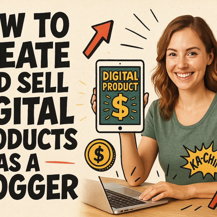Blog header illustration reading “How to Create and Sell Digital Products as a Blogger” in bold comic lettering. A smiling woman holds a tablet labeled “Digital Product” with a dollar sign, surrounded by doodles like arrows, coins, and starbursts.