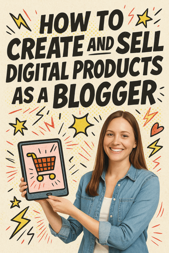 Pinterest pin graphic with the title “How to Create and Sell Digital Products as a Blogger” in chunky comic lettering. A cheerful woman holds a tablet with a shopping cart illustration, framed by colorful comic-style doodles like stars, lightning bolts, and halftone bursts.
