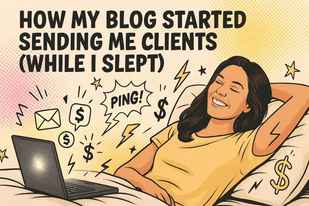 Comic-style blog header reading “How My Blog Started Sending Me Clients (While I Slept).” A smiling woman relaxes on a couch with a glowing laptop surrounded by doodles of dollar signs, lightning bolts, and “PING!” bursts on a pink and yellow halftone background.