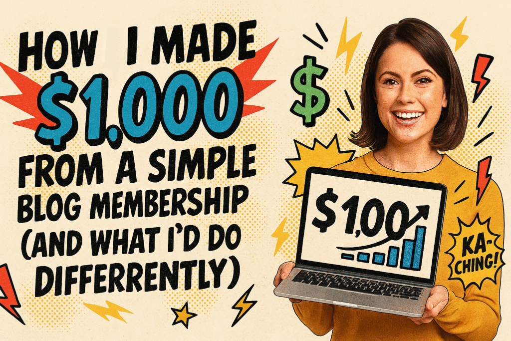Comic-style blog header reading “How I Made $1,000 From a Simple Blog Membership (and What I’d Do Differently).” A smiling woman holds a laptop showing $1,000 and a rising chart, surrounded by comic doodles like dollar signs, lightning bolts, and “KA-CHING!” bursts.