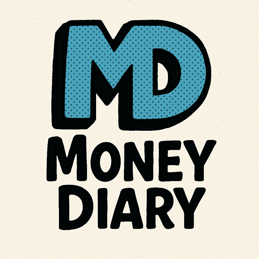 Comic-style Money Diary logo with a bold turquoise “MD” monogram in halftone shading above the words “Money Diary” in chunky black hand-drawn lettering, set on an off-white textured background.