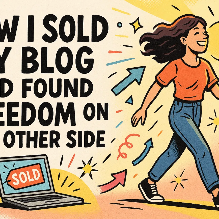 Comic-style blog header with the title “How I Sold My Blog And Found Freedom On The Other Side.” A smiling woman walks away from a glowing laptop displaying a “SOLD” sign, surrounded by colorful doodles like confetti, stars, and spark rays on a soft pink and yellow halftone background.